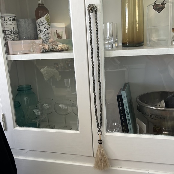 Opal and pyrite long silver diamond clasp horsehair charm tassel necklace - Picture 6 of 17